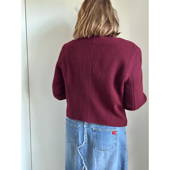 Vintage 90s Liz Wear Wool Jacket Burgundy Wine Red Classic Embroidery Boho - Picture 3 of 11